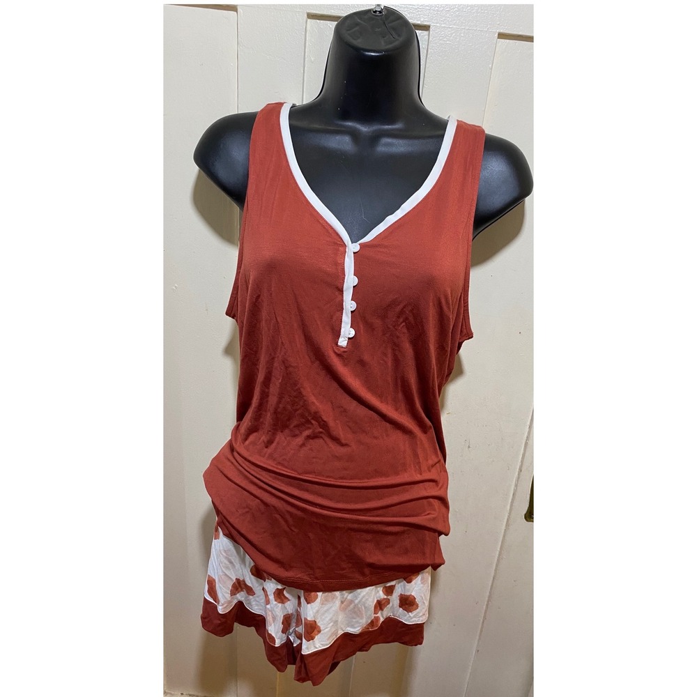 Bamboo Viscose Henley Tank and Shorts Pajama Set Rust White Polka Dot Large - Picture 1 of 9
